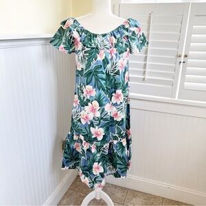 Hilo Hattie Blue & Multicolor Tropical Floral Off Shoulder Hawaiian Dress Small